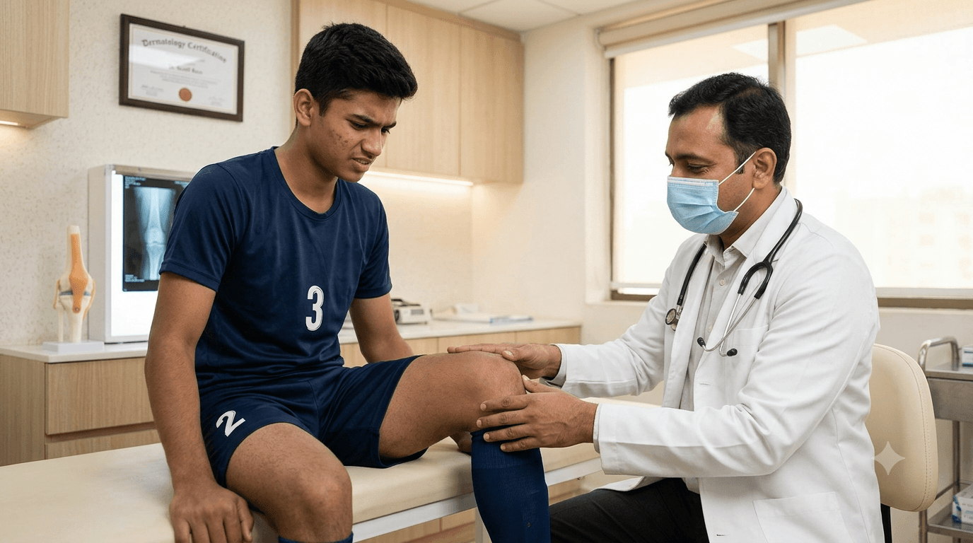 Illustration showing common sports injuries such as knee injury, sprain and shoulder injury with treatment options