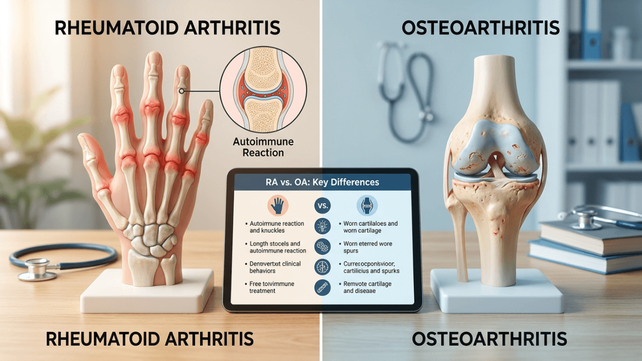 Rheumatoid arthritis vs osteoarthritis comparison infographic joint inflammation and cartilage wear