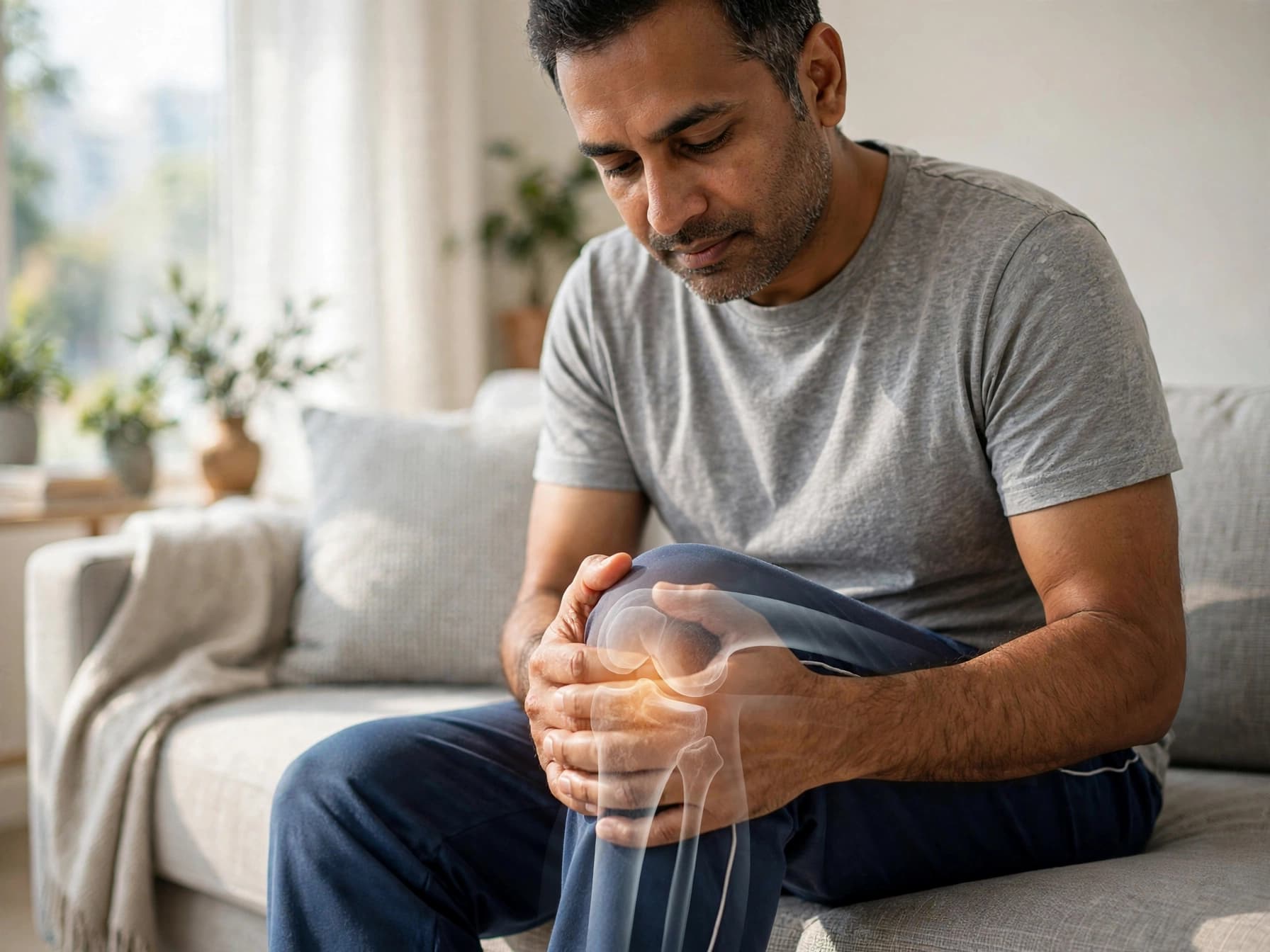 Person holding their knee, illustrating causes of knee clicking and when to see an orthopedic doctor