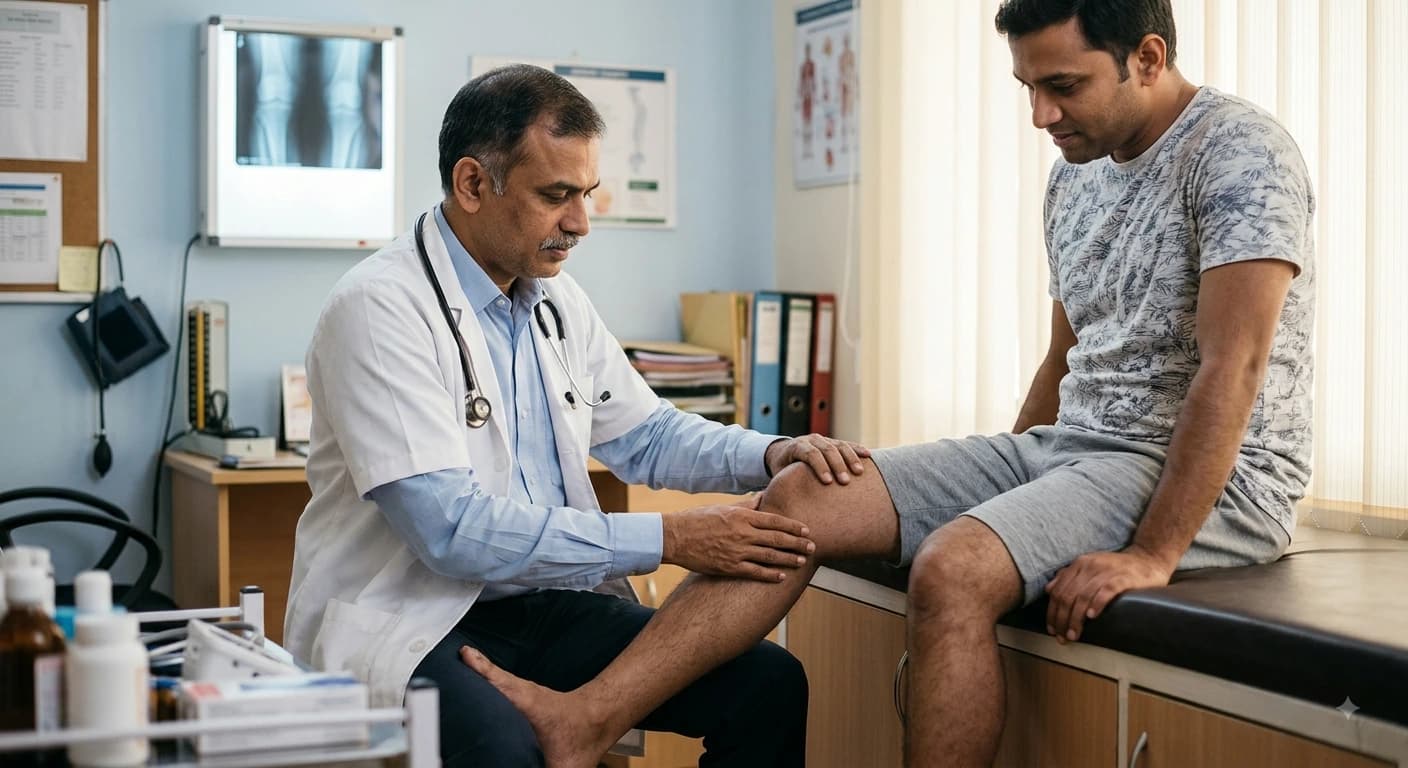 Illustration of a knee joint showing causes of clicking and popping sounds such as cartilage wear and meniscus injury