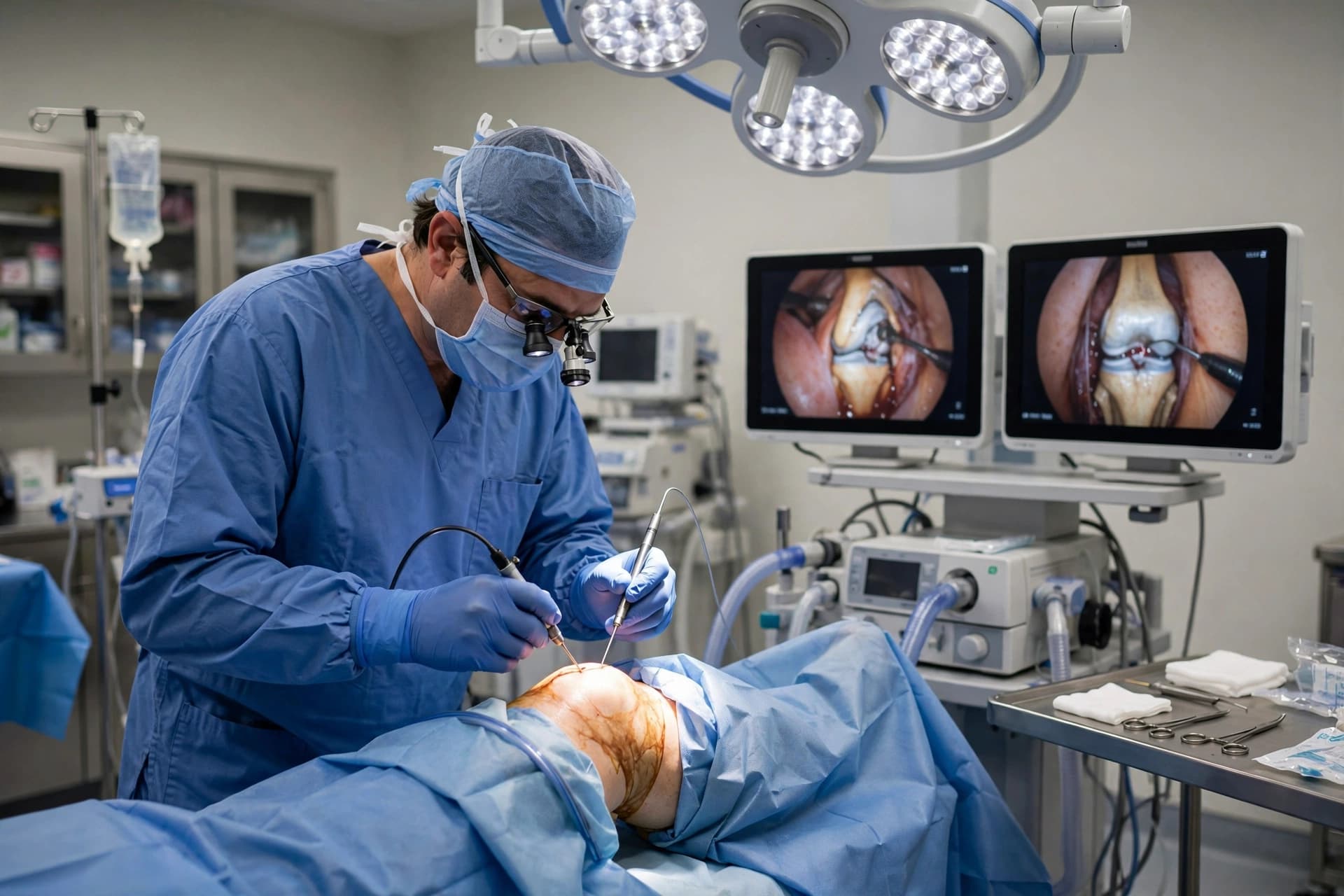 Orthopedic surgeon performing an arthroscopy procedure, illustrating minimally invasive orthopedic care