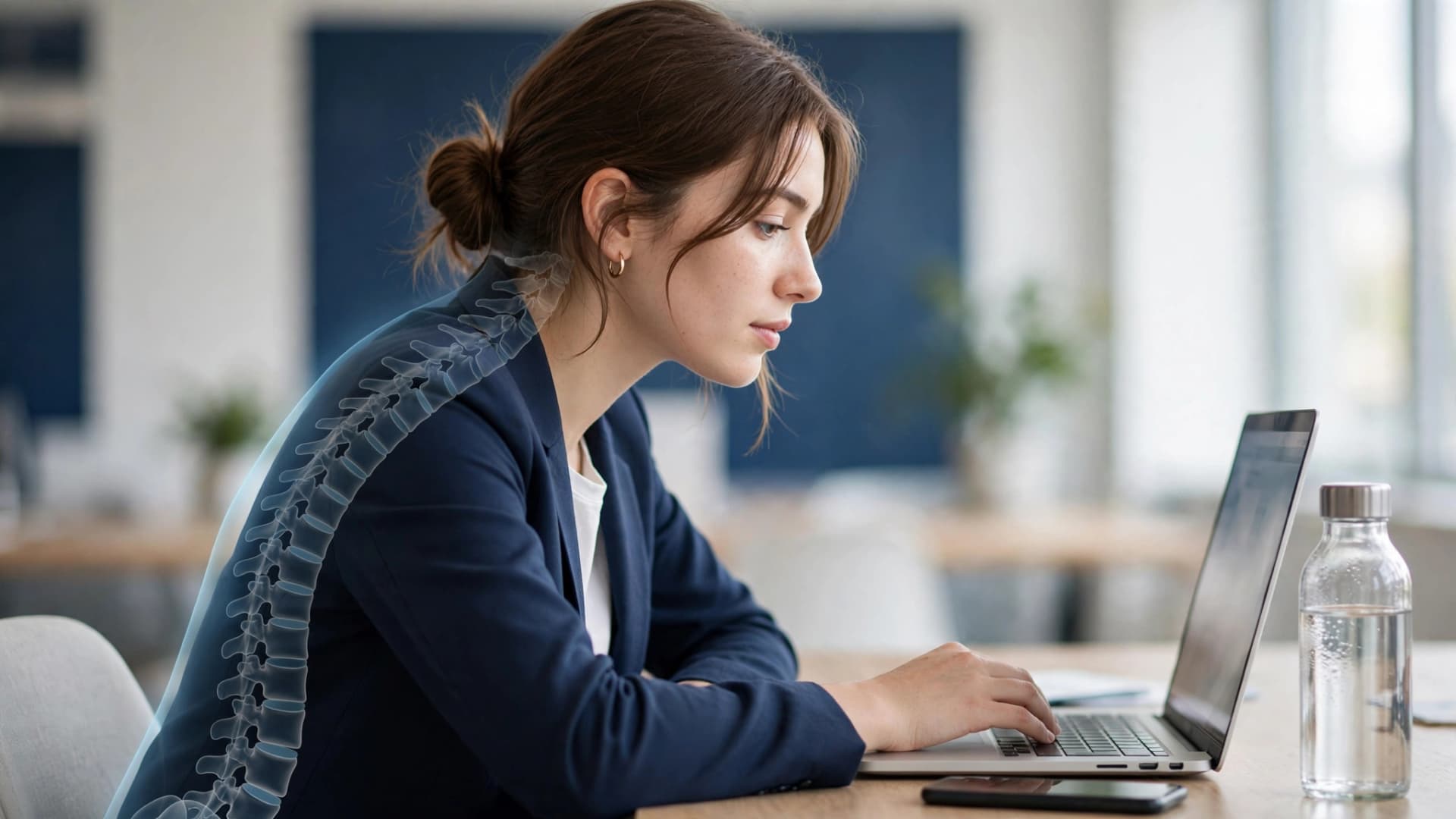 Person sitting with poor posture at a desk, showing how posture affects spine health