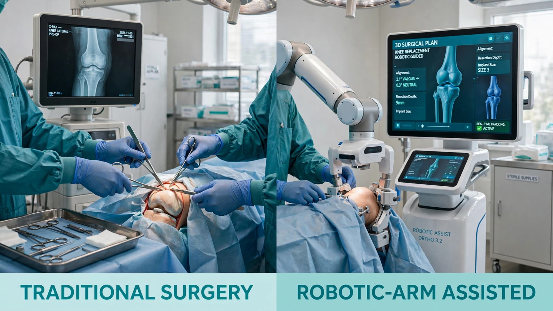 Orthopedic surgeon comparing robotic-assisted and traditional joint replacement surgery techniques