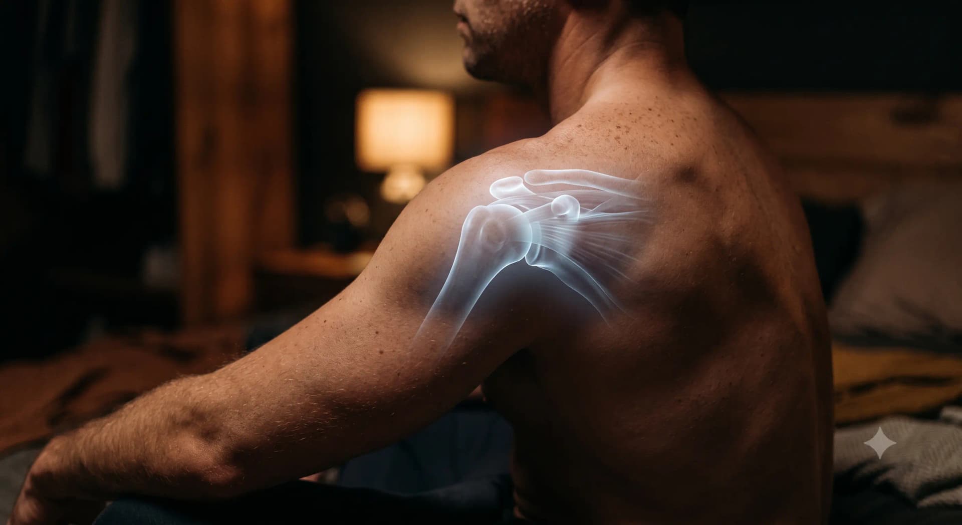 Person holding their shoulder in pain while lying in bed, illustrating causes of shoulder pain at night
