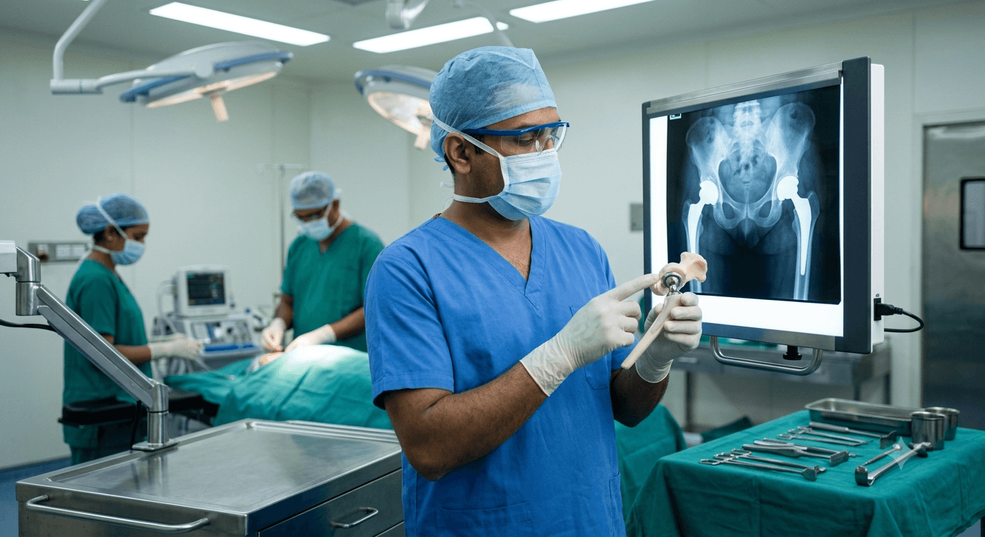 Illustration showing total hip replacement surgery procedure, implant placement, and recovery