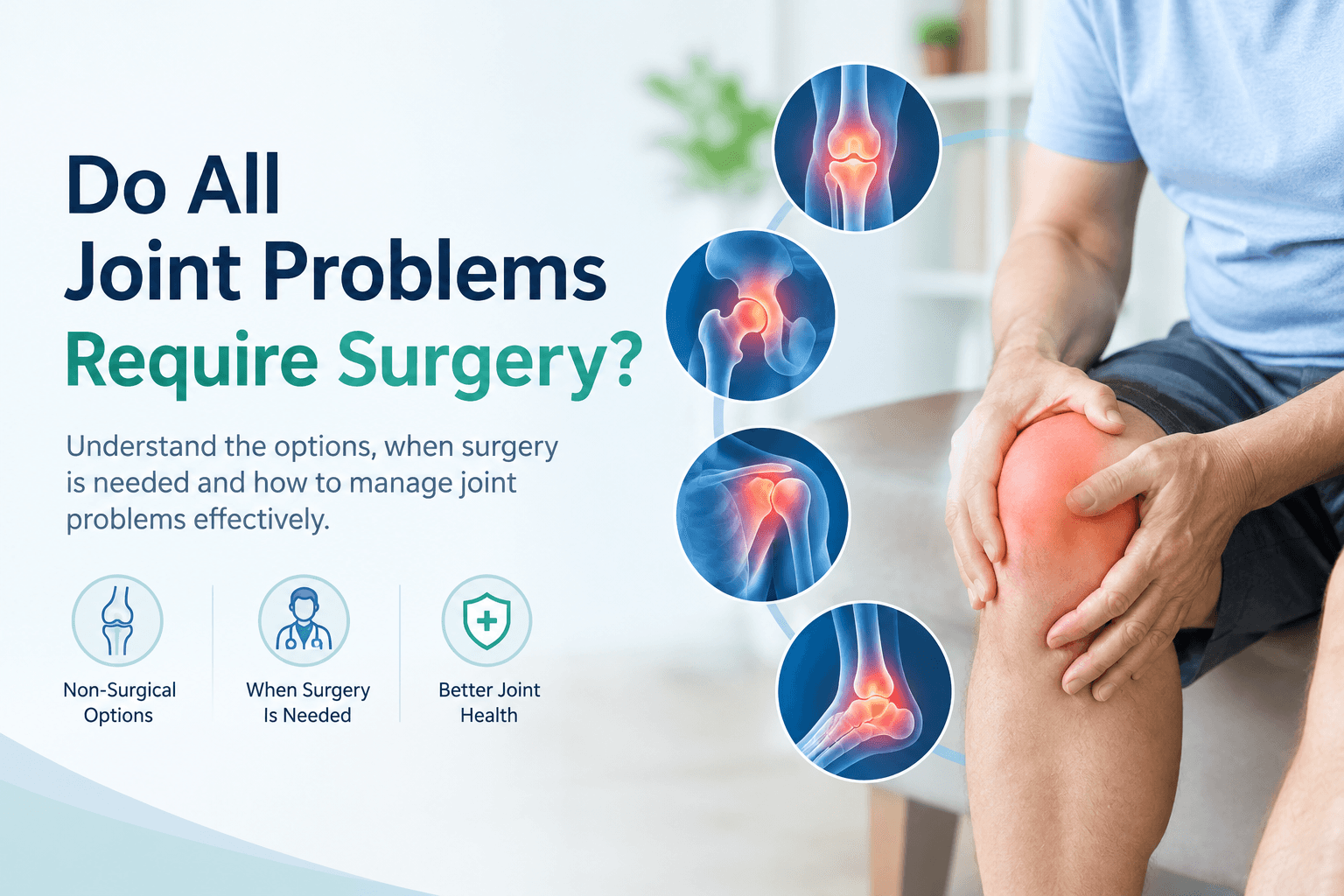 Doctor examining a patient's knee joint to decide between non-surgical treatment and surgery